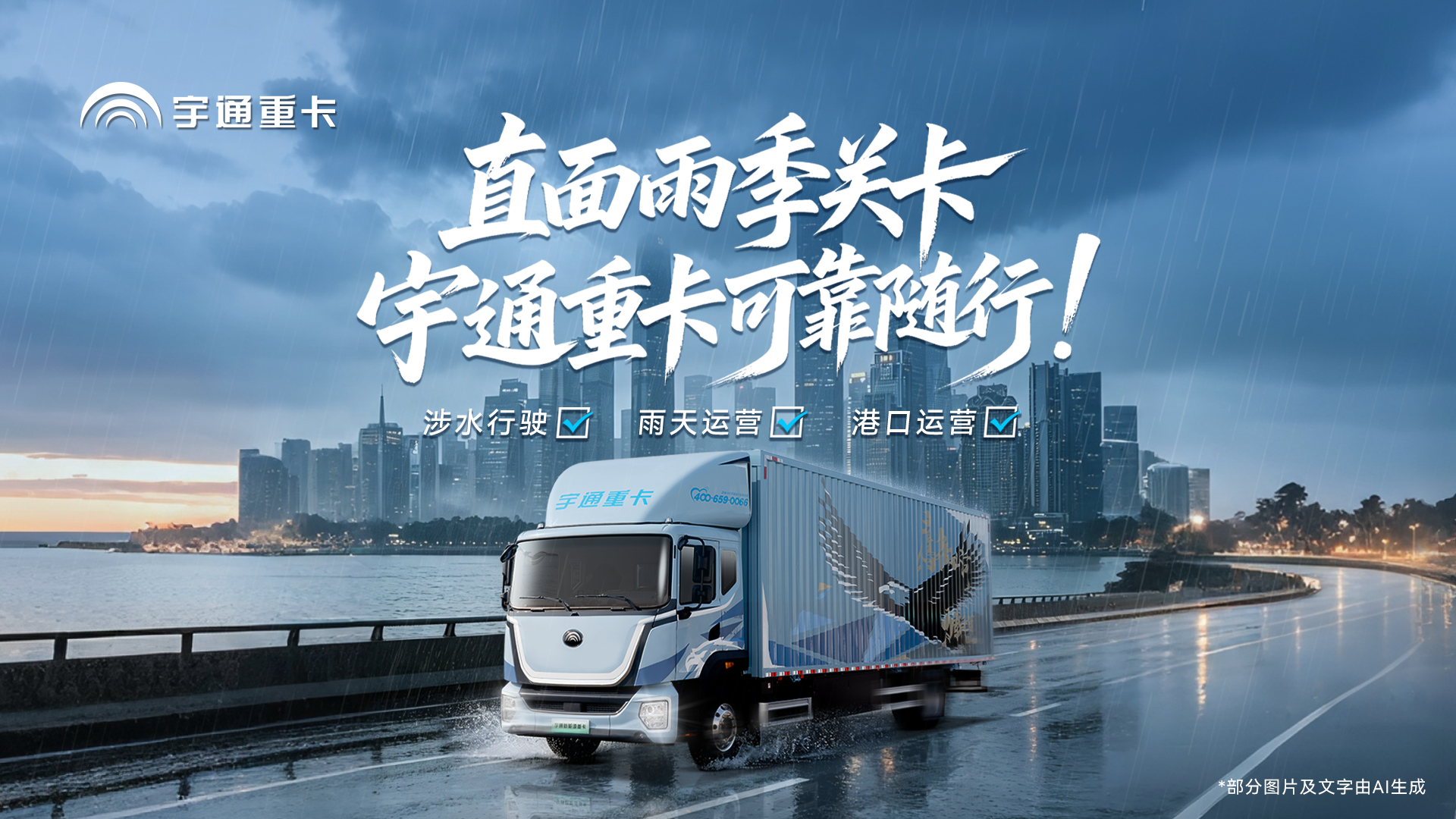 雨季来临，你的车准备好了吗？宇通重卡，三关实测见真章：涉水不趴窝，雨天不虚电，港口不锈蚀。宇通重卡助您风雨无阻，出勤无忧！