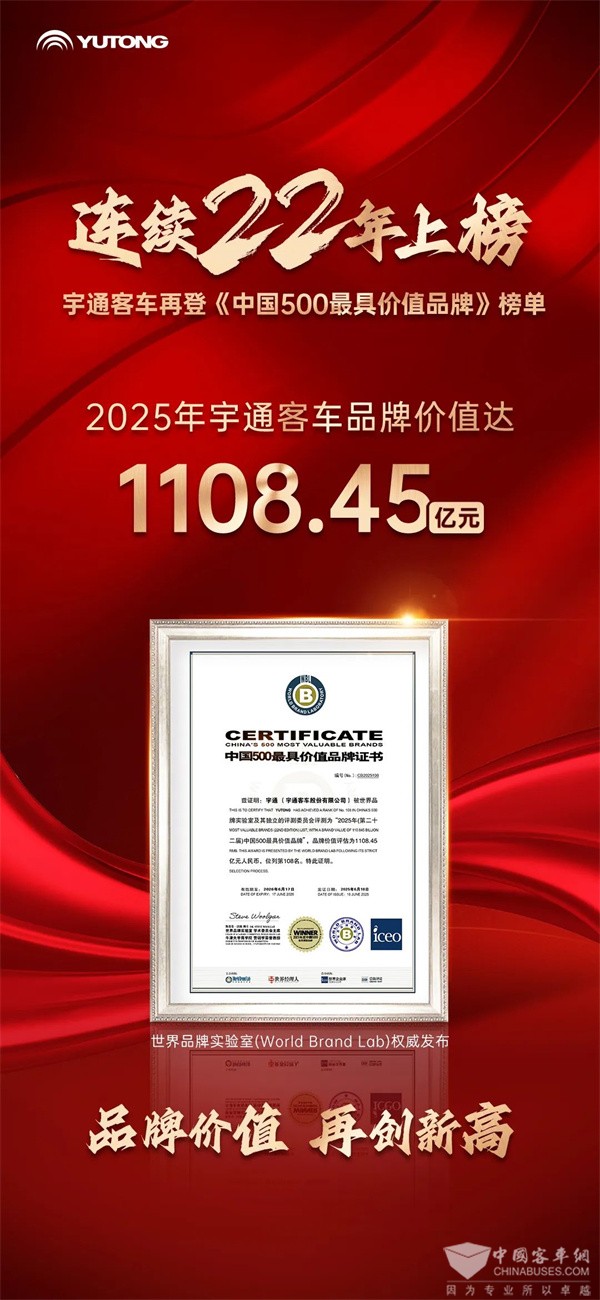 品牌价值突破千亿！宇通连续22年上榜《中国500最具价值品牌》